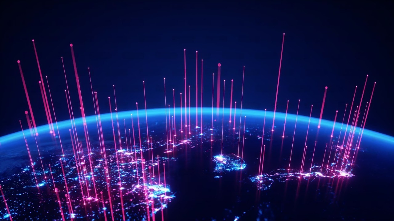 Digital representation of Earth with vibrant pink lines radiating from illuminated cities, symbolizing global connectivity and data flow.